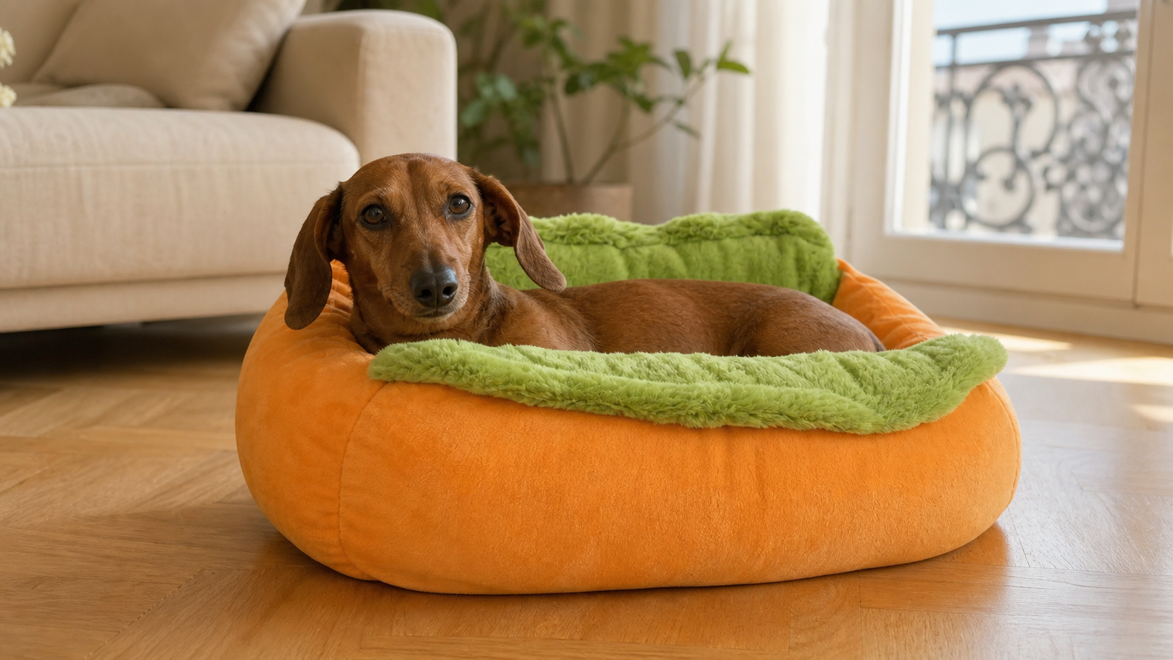 Teckel installe dans son panier hot-dog Sossiss dans un salon lumineux
