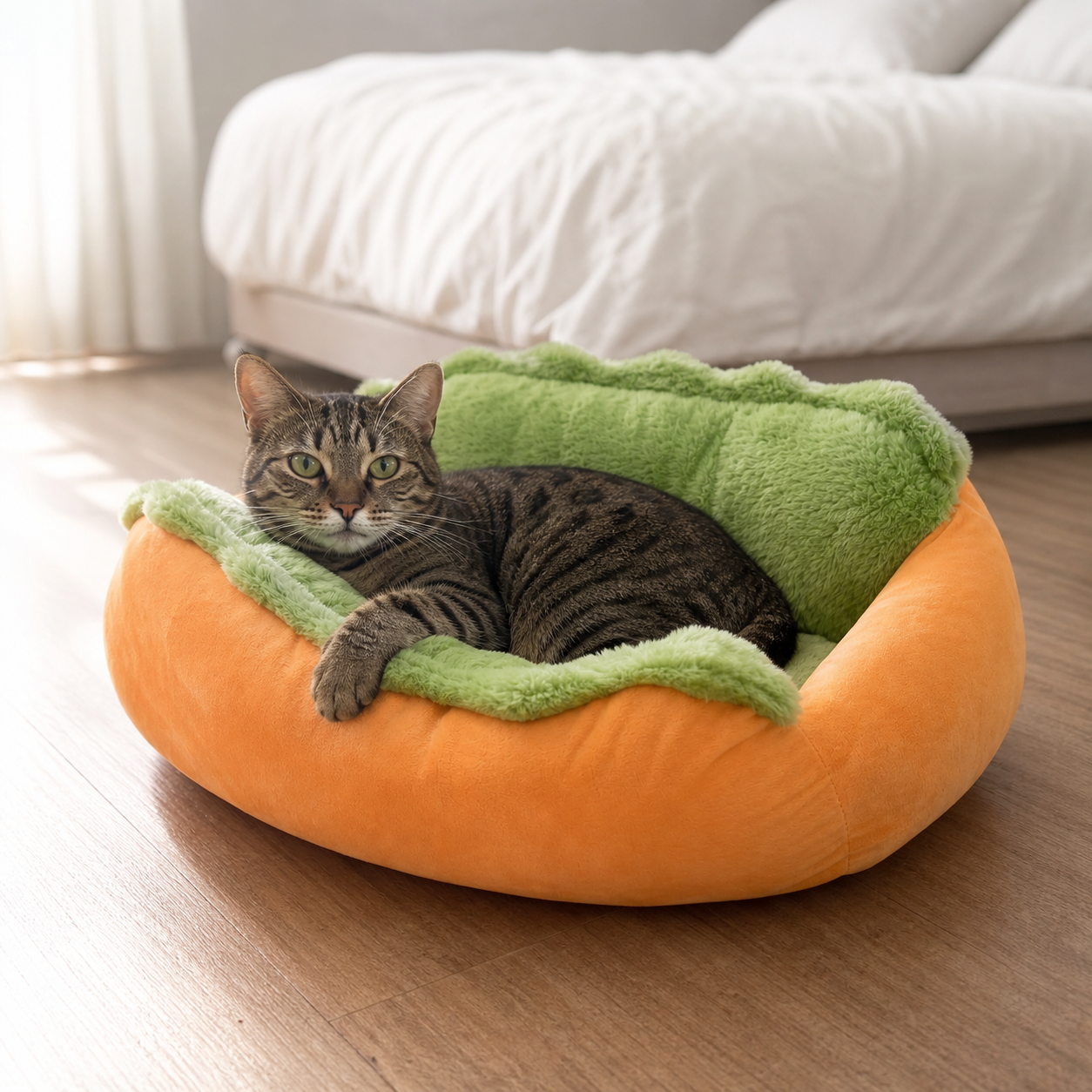 Chat installe dans le panier hot-dog Sossiss
