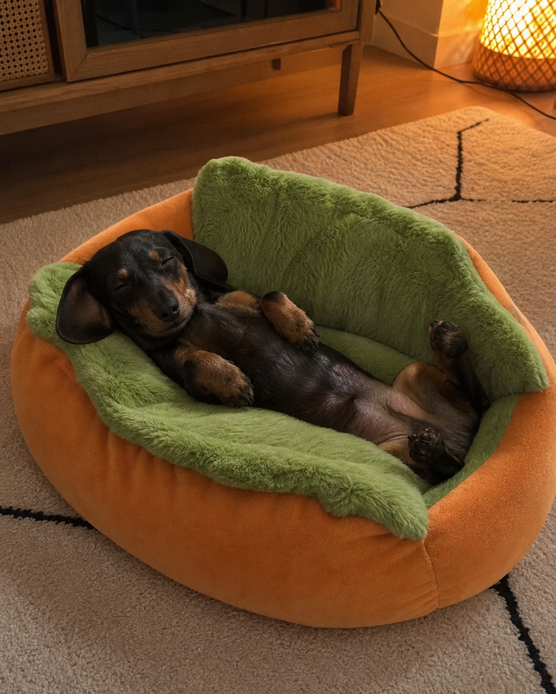 Membre du Club Sossiss : teckel endormi dans son panier hot-dog