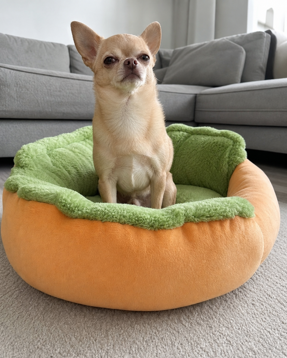 Membre du Club Sossiss : chihuahua fier dans son panier hot-dog